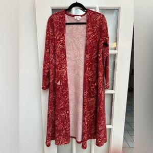 LuLaRoe Sarah Red Leaf Boho Pattern Long Open Front Duster Cardigan Size L NWOT
